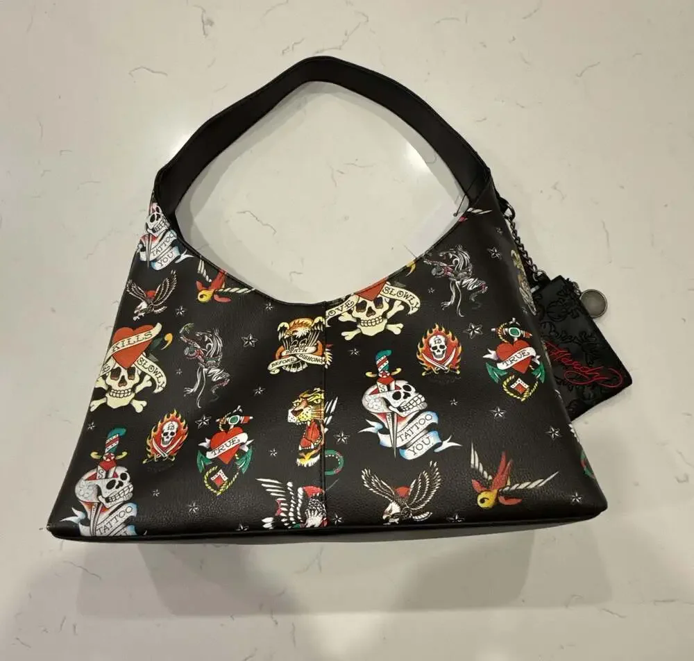 Ed Hardy Dalinda Black Studded Graphic Hobo Shoulder Bag with Pouch